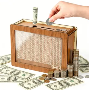 Wooden Savings Challenge Box — Brown Money-Saving Box (Includes Pen) — Universal Digital Piggy Bank for Adults & Children — Money-Saving Storage Container