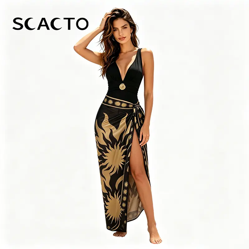 Scacto Women's 2-Piece Bikini Set, Deep V-Neck Top and Bold Pattern Wrap Bottom, Casual Sport Beach Swimwear, Bikini Sets, Wrap-Around, No