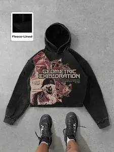 Geometric Exploration Acid Wash Cropped Hoodie - Men's Distressed Fleece-Lined Streetwear Pullover, Retro Star & Skull Graphic Casual Vintage Sweatshirt for Grunge & Skater Outfits