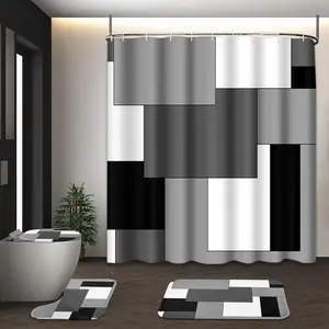4 Pcs Grey Geometric Black White Checkered Shower Curtain Set - Modern Abstract Bathroom Set with Toilet Lid Cover, Non-Slip Rugs and 12 Hooks