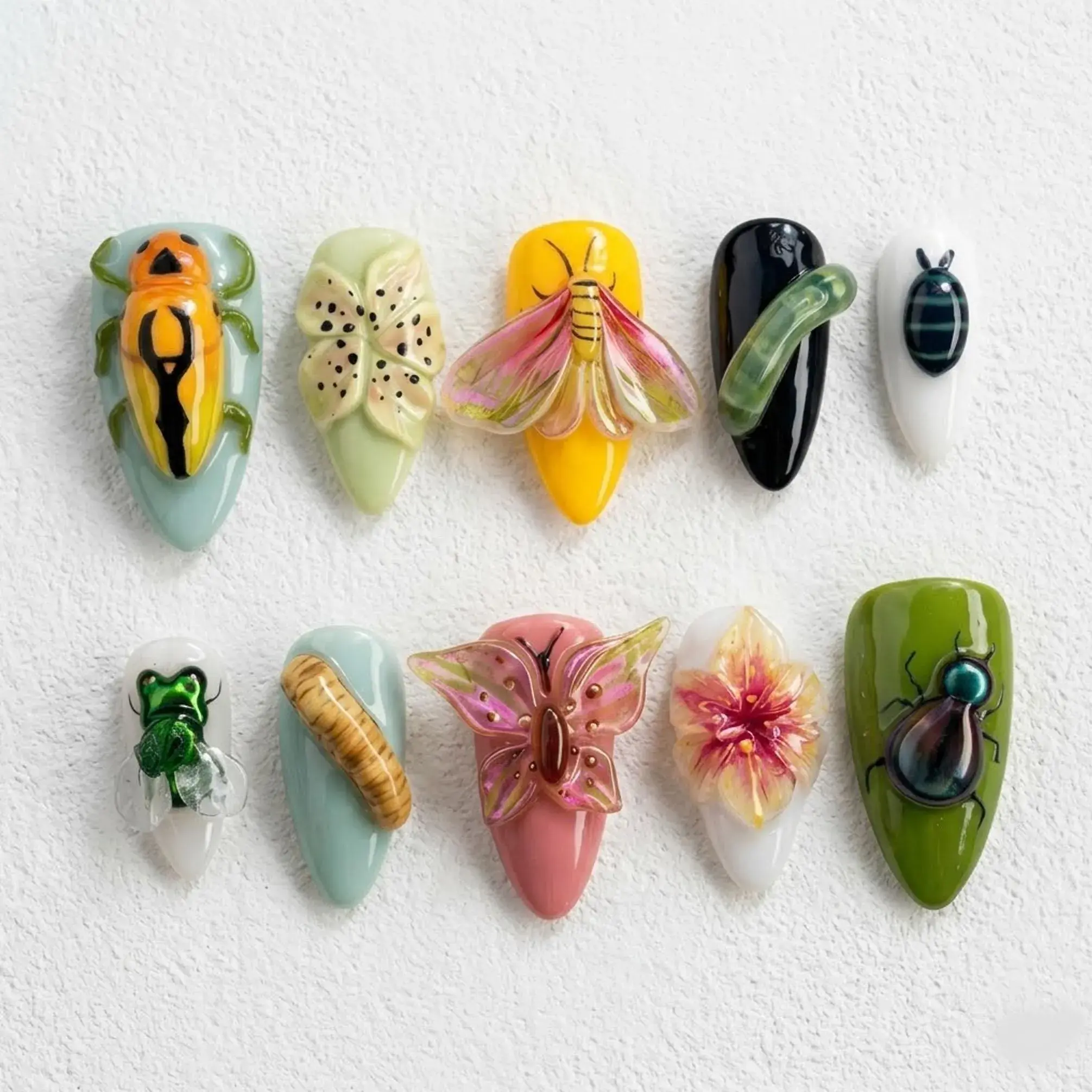 3D Bug & Insect Press On Nails | Entomology Specimen Art | Kawaii Butterfly Beetle Caterpillar Design