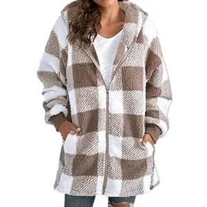 2025  Plush Jacket Autumn New Long Sleeve Plaid Hooded Zipper Pocket Loose Jacket Womenswear Coats Casual Outerwear