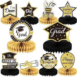 10PCS Class of 2026 Graduation Party Decorations Congrats Grad Honeycomb Centerpieces Graduation Table Toppers for Party Favor Supplies Black Gold