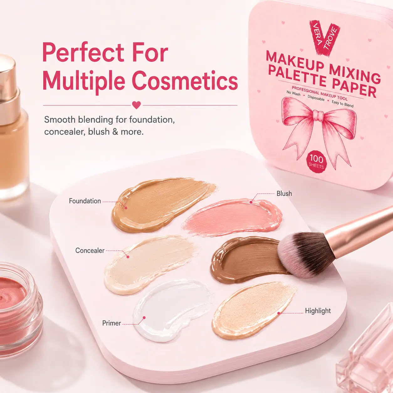 Compact Cosmetic Tear-Off Sheet Palette, 100 Disposable Sheets for Hygienic No-Wash Blending of Foundation, Contour Products & Nail Polish