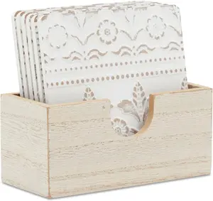 Set of 6 White Wooden Coasters with Holder for Drinks, Coffee Table, and Floral Farmhouse Decor (3.8 Inches) coaster sets