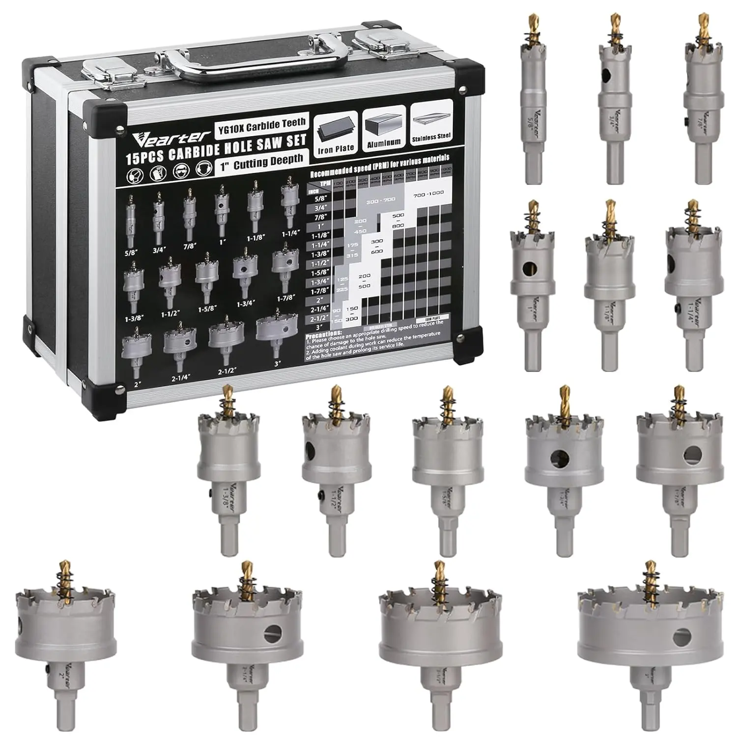 Vearter 15PCS Carbide Hole Saw Kit, 5/8''-3'' Metal Hole Cutter with Pilot Drill, Work Tools for Hard Metal, Stainless Steel, Plastic, Fiberglass, 5/8'' To 3'', 15 Hole Drills