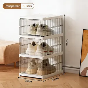 Stackable Flip-Top Shoe Box with Door, No Assembly Plastic Shoe Rack, Independent Shoe Cabinet for Closet and Entryway, Clear Storage Rack, 3/6 Layers