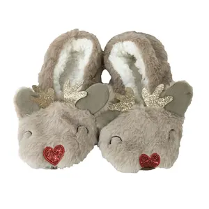 Fashion Culture Women's Cute Reindeer Glitter Doe Fuzzy Fleece-Lined Slipper Socks (Size 5-7) - Light Brown Faux Fur Shoe, Soft Comfortable Winter Decor Slide Footwear