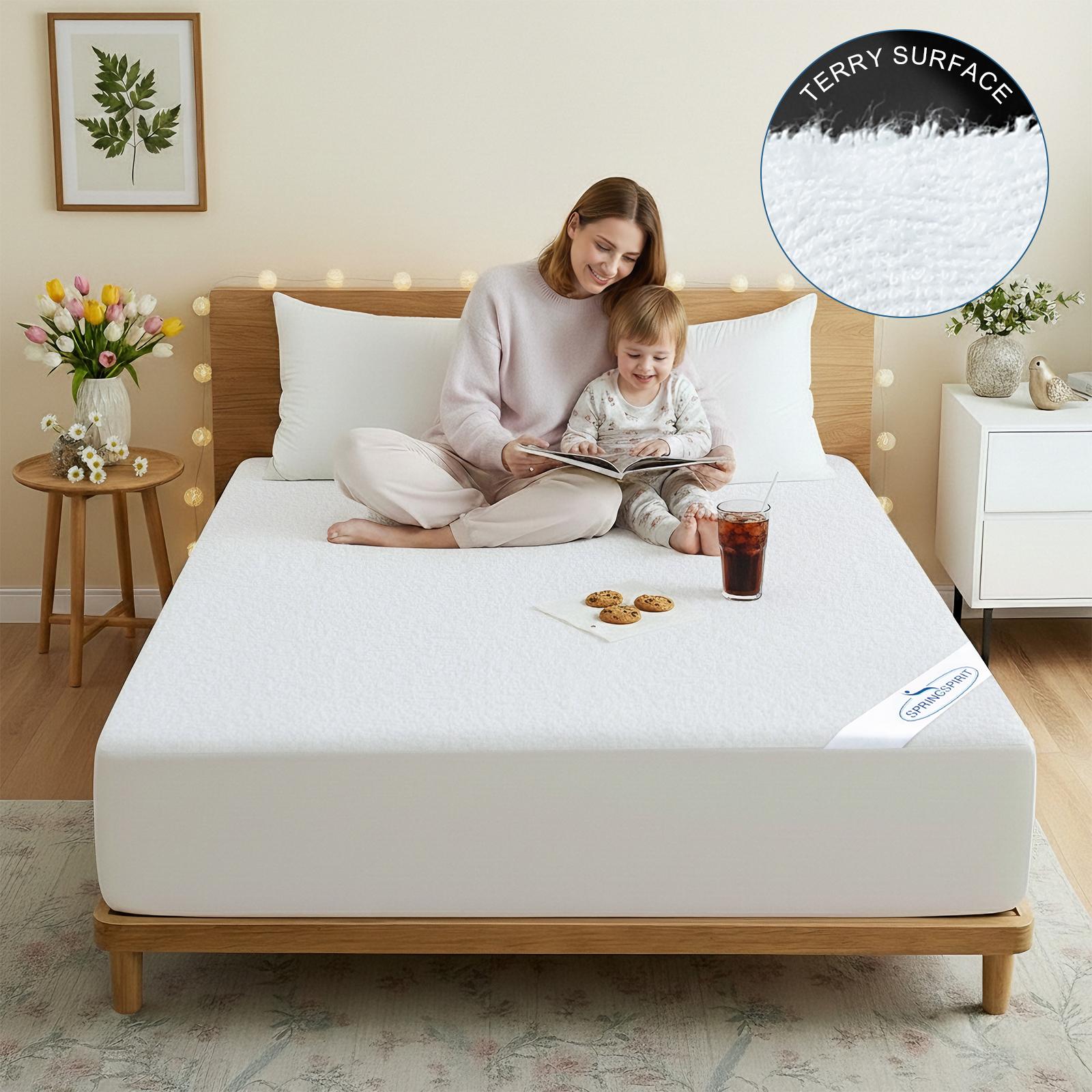 Premium Terry Waterproof Mattress Protector, Ultra-Soft Breathable Noiseless Absorbent Mattress Topper Cover Solid Color Fitted Sheet with Deep Pocket, Bed Cover Protector for Kids Adults Pets, Machine Washable #TiktokShopSpringGlowUp