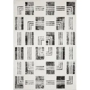 Kenny Power-Loomed Cream Grey Checkered Bordered Geometric Area Rug, Contemporary Home Decor for Indoor Use