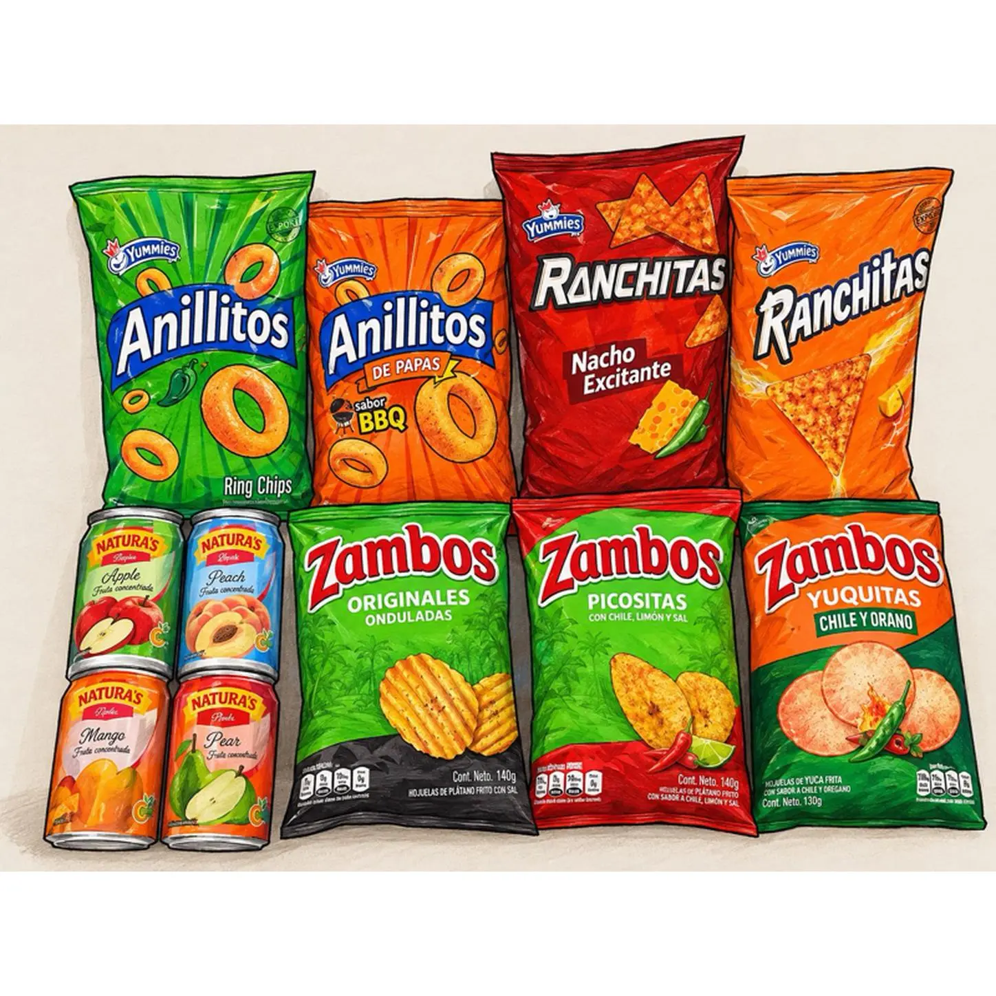 Yummies Anillitos Ring Chips, Zambos Picositas & Yuquitas, Naturas Fruit Juices, Ranchitas Nacho Excitante, Chile & Orano Flavors