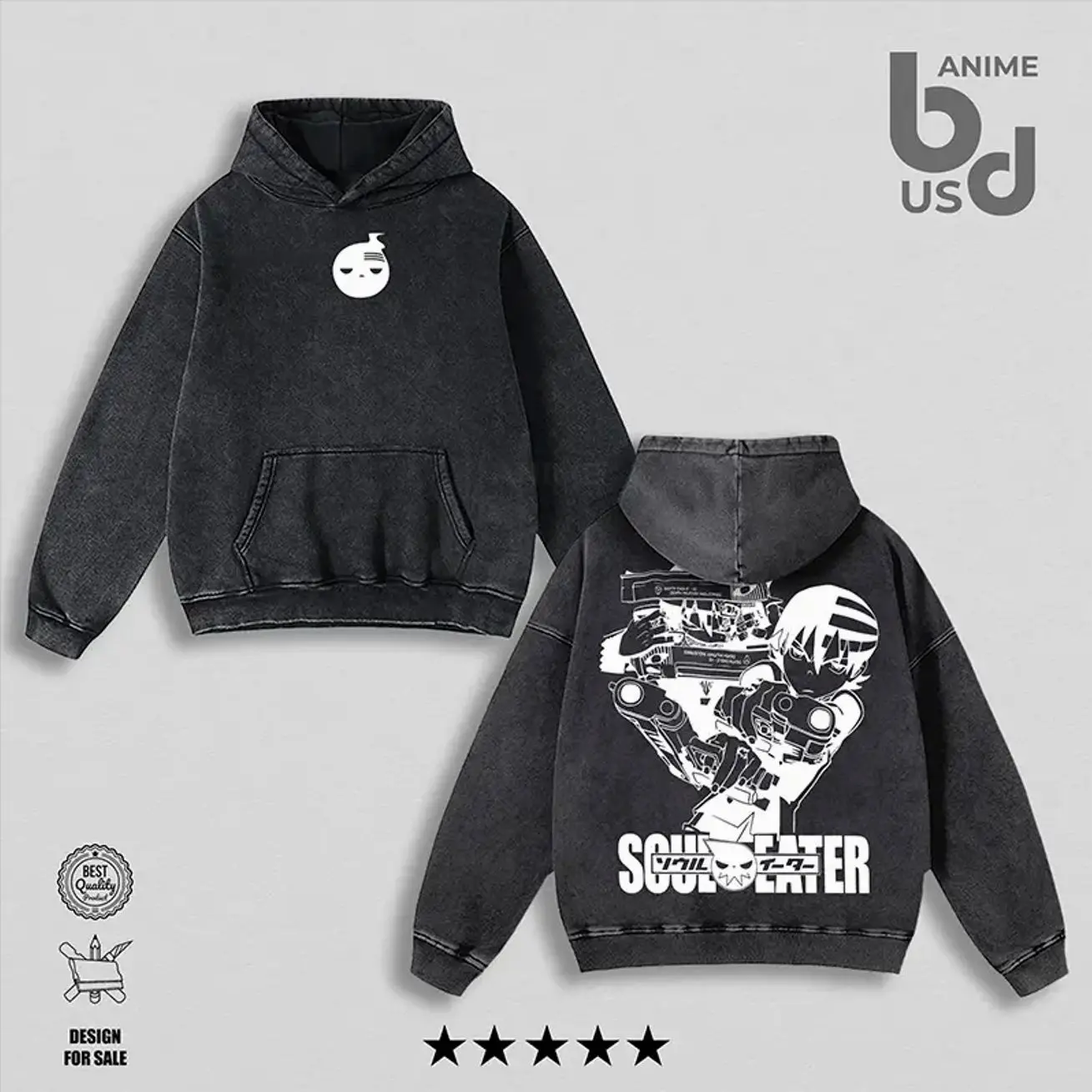 Death the Kid x Soul Eater Washed Hoodie Oversize Unisex, Double Printed Streetwear Anime Merch Gift For Fan BTF outdoor hunting breathable outerwear