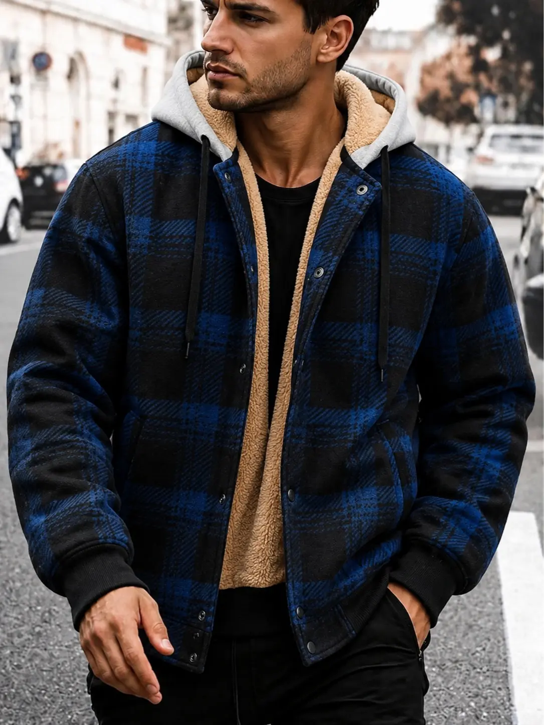 Single item: men’s blue-and-black plaid jacket with detachable hood, thickened fleece lining, warm workwear design, vintage plaid pattern for autumn/winter, single-row button closure — sold individually.
