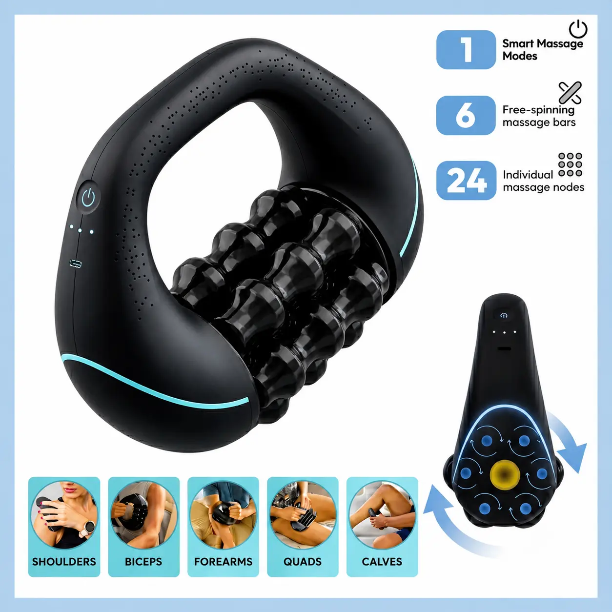Yoluxspa Cordless Handheld Electric Rolling Massager, USB Rechargeable Deep Tissue Muscle Massager with 3 Speed Modes, Portable Body Roller for Back, Shoulder, Arms, Legs & Full Body Relaxation