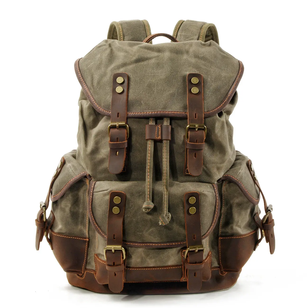 Men's 15.6-in Outdoor Backpack, High-Grade Waxed Canvas & Crazy Horse Leather Retro Bag, 22L Waterproof Durable Adventure Work-Travel Backpack