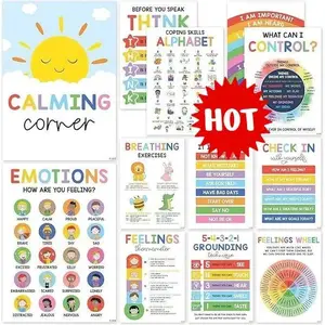 12Pcs Calming Corner Classroom Posters Set - Feelings Wheel & Emotions Posters for Kids, Visual Learning Materials, Calm Down Corner Supplies for Therapy Office & Preschool Mental Health Wall Decor,Calming Corner Classroom Posters,Learning Materials
