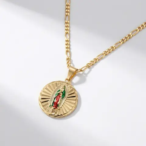 Renza Reversible San Judas y Virgencita Pendant Gold Necklace - 14-Karat Plated, 22" 3MM Figaro Chain, Unisex Ethnic Costume Jewelry, Reversible Design, Versatile Jewelry Options, Luxurious Choice for Gold Enthusiasts