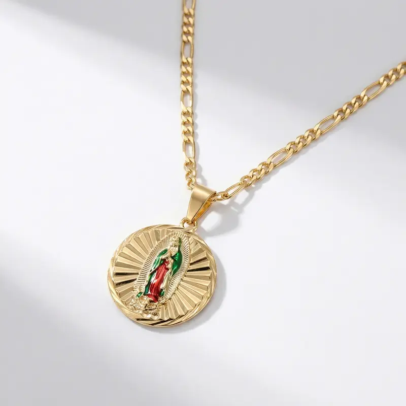Renza Reversible San Judas y Virgencita Pendant Gold Necklace - 14-Karat Plated, 22" 3MM Figaro Chain, Unisex Ethnic Costume Jewelry, Reversible Design, Versatile Jewelry Options, Luxurious Choice for Gold Enthusiasts