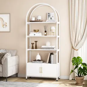 Arched Bookshelf - 4 Tier Arched Bookcase with Doors Storage - 71.5in Tall Industrial Book Shelf with Studry Metal Frame and Open Shelves - Freestanding Dispaly Shelf for Office