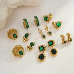 Emerald Zircon Stainless Steel Earrings Plated With 18K Gold Light Luxury Heart & Drop Shape Fashion Jewelry for Women