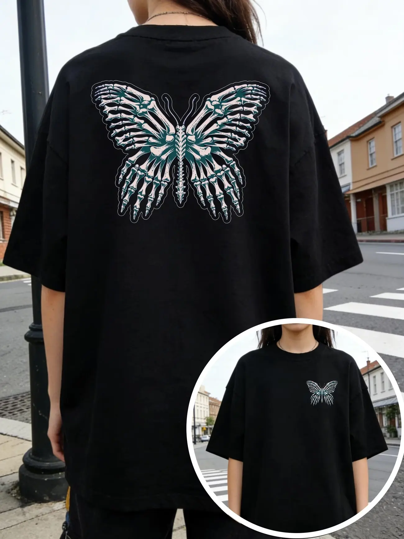 Black Cotton Retro Double Sided Print Tee Casual Short Sleeve Skeleton Butterfly Bone Hand Art Gothic Punk Style Graphic Hip Hop Streetwear Aesthetic Dark Harajuku Fashion Outfit for Halloween Party Rock Concert Club Night Festival Wear