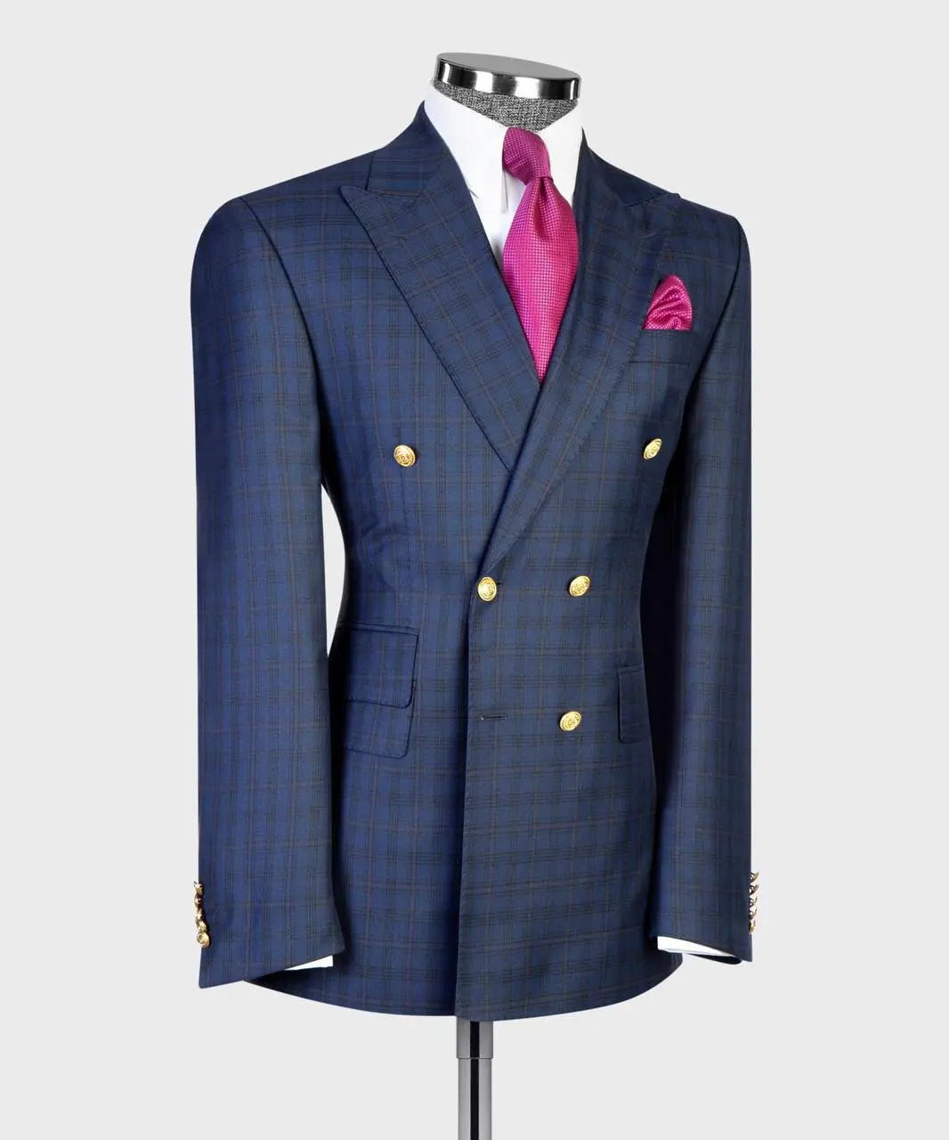 Men's Navy Blue & Charcoal Plaid Double-Breasted Super Wool Suit Set, European Cut Formal Menswear with 6×2 Button Configuration Jacket & Trouser, Premium Checked Blazer Pants