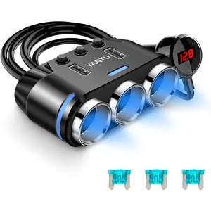 Cigarette Lighter Adapter,150W 3- Socket Cigarette Lighter Splitter with Blue Lights, 3.3FT Cable,12V Car Adapter for Plug Outlet,Dual USB Ports, On/Off Switches for Phone GPS Dash Cam and More