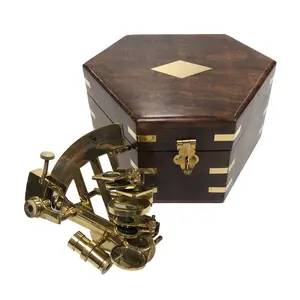 4" Small Polished Brass Sextant and Wooden Box Organiser