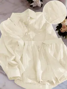 2pcs/Set Shiny Sequin Casual Outfit For Women, Lightweight Versatile Summer Shirt And Wide Leg Shorts