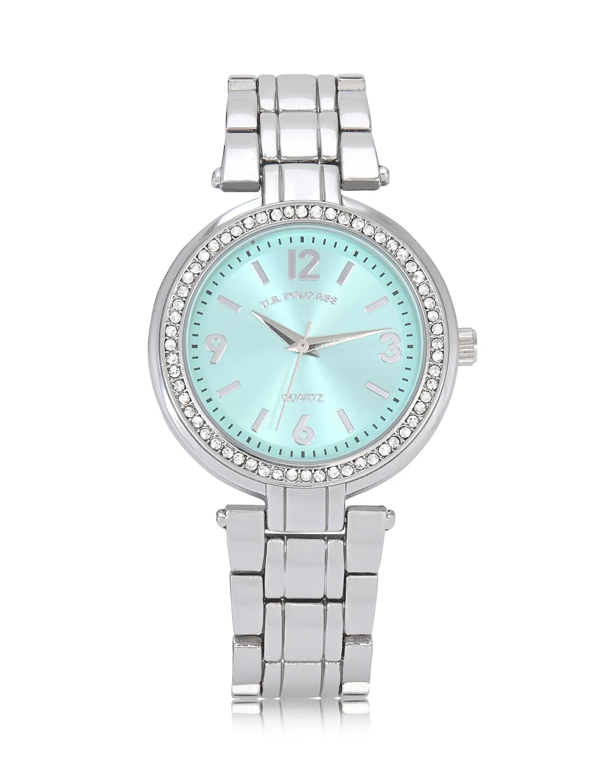 LADIES SILVER TURQUOISE EMBELLISHED LINK WATCH