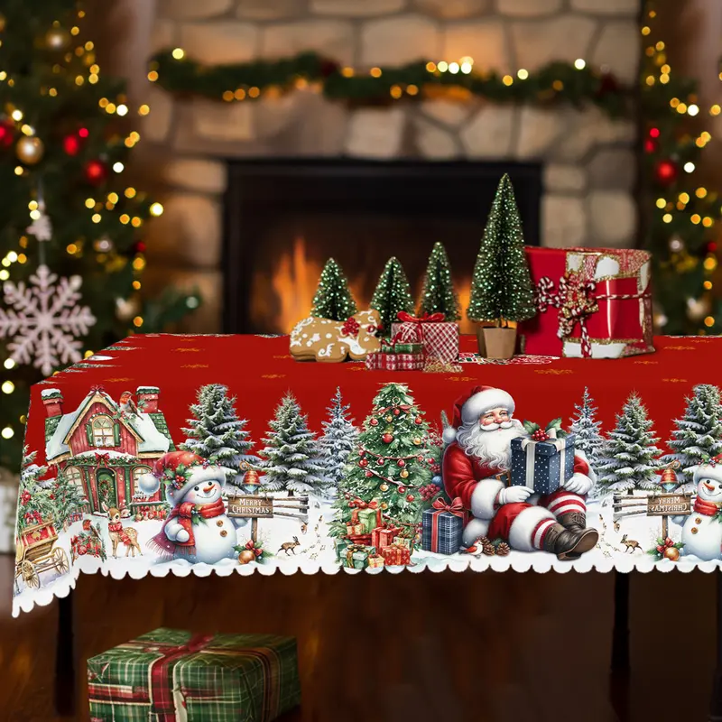 XEXSIN 1pc European Polyester Christmas Santa Claus Print Round/Rectangular Table Cloth - French Country Festive Home Accessory for Family Gathering, Rectangle/Round Dining Table Cover