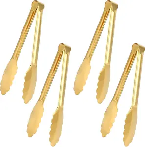 4 Pack Gold Tongs for Serving Food, 9 Inch Serving Tongs, Gold Buffet Tong Stainless Steel Utensils, Metal Kitchen Tong for Salad, Steak, Appetizer, Snack and Small Food