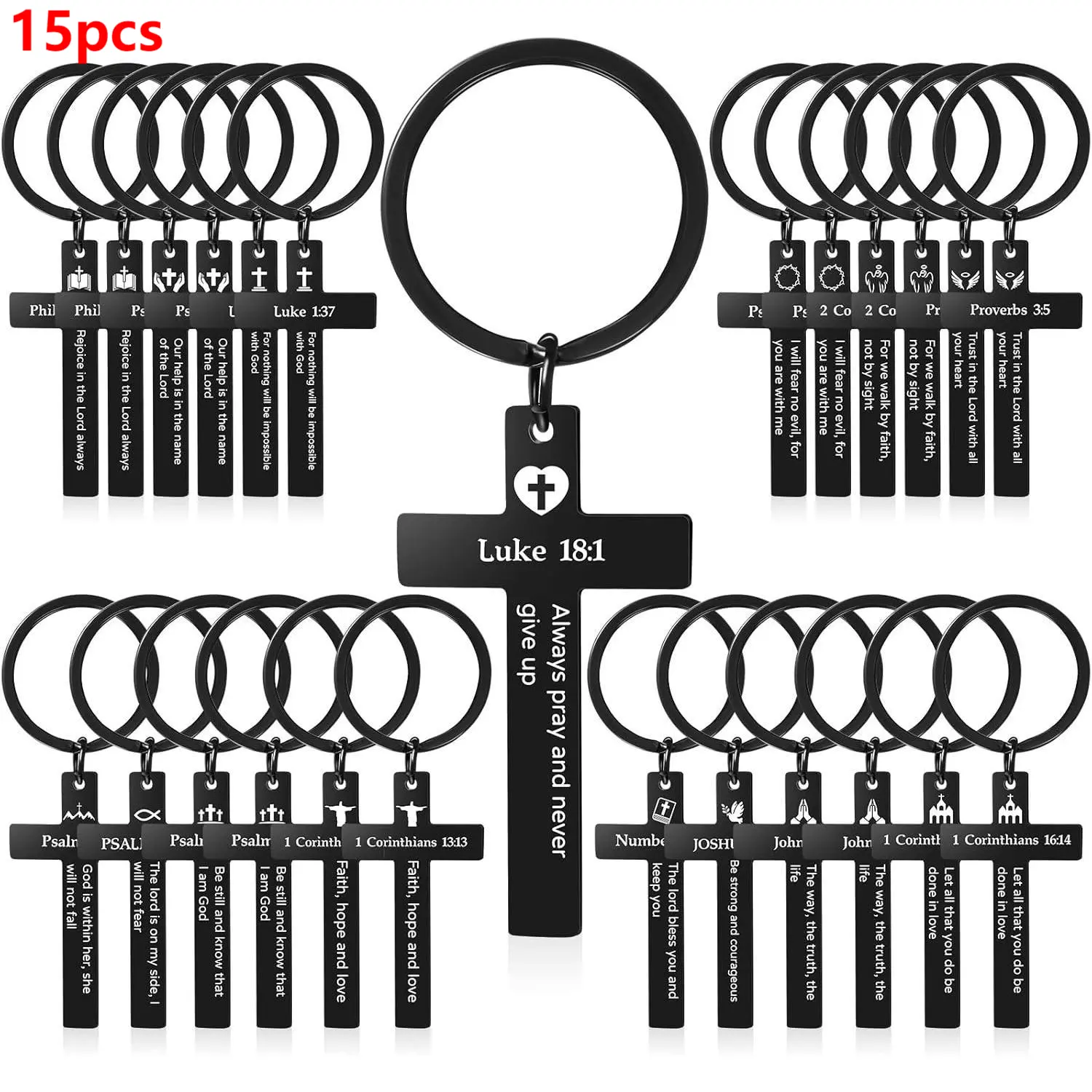 15pcs Christian Cross Keychain |   Stainless Steel Bible Verse Keychains, Religious Inspirational Gifts, Zinc Alloy Chains by LINNO