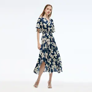 Batwing Sleeve V-Neck Women Asymmetric Hem Maxi Dress