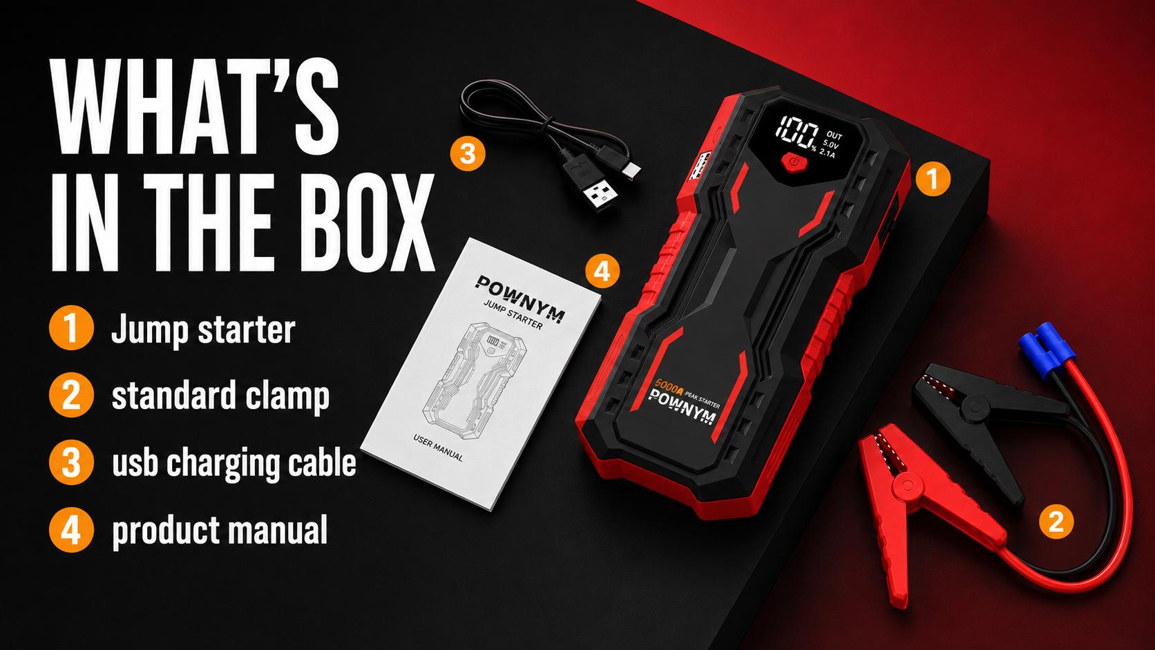 Powny Car Jump Starter with USB Cable and Clamps for Vehicles and Motorcycles