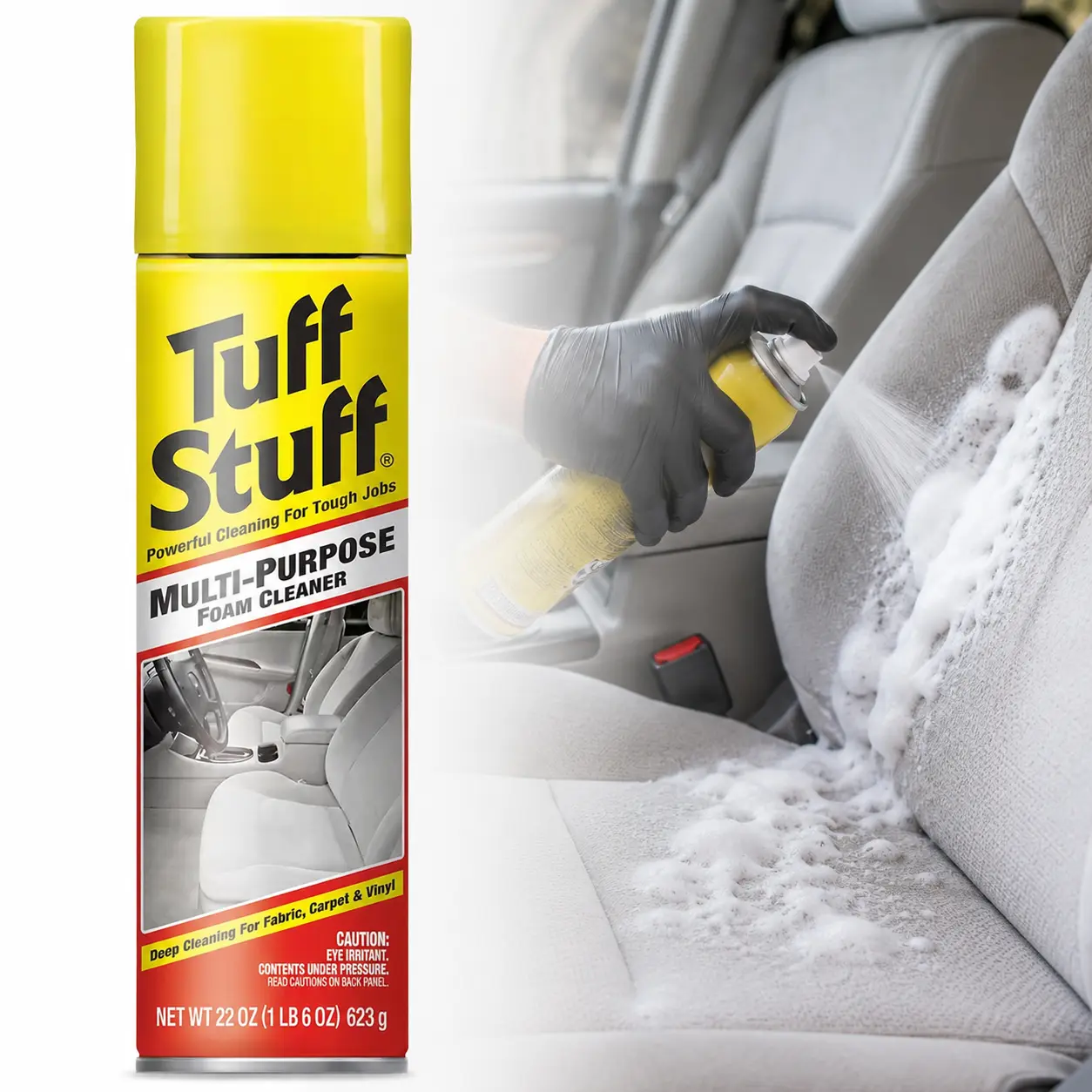 Tuff Stuff 22 oz. Multi-Purpose Foam Cleaner, One Solution for Auto Interior, Garage Floors, and Household Tile, Effective on Grease, Dirt, and Stains, Reliable Foaming Power for Every Mess, Deep Cleans Car Seats, Carpet Mats, and Home Surfaces