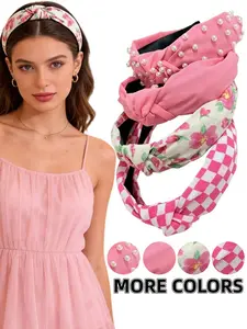 Mother's Day Gift 4pcs Elegant Chic Headbands Faux Pearl Fabric Hairbands, Rose Plaid & Solid Color Floral Print Knotted Headbands, All Seasons Women's Accessories