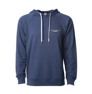 NEVER OUTDONE LIGHTWEIGHT INDIGO HOODIE W/DOUBLE DRAW CORDS EMBROIDERED LOGO
