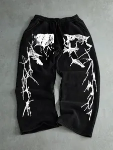 Men's Casual Gothic Skeleton Graphic Sweatpants, Loose-Fitting Drawstring Wide Leg Trousers, All Seasons Fashionable Pants