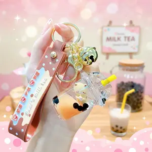 Cute Bear Milk Tea Cup Keychain - Cartoon Oil-Filled Bag Charm & Car Keychain