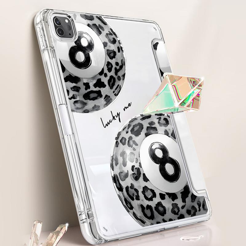 Trendy Leopard 8 Ball  iPad Case, Tri-Fold Stand Case for iPad, "Lucky Me" Aesthetic Transparent Acrylic Hard Back, Pencil and Charger Slots, Tablet Casing, Tablet Cover for iPad 10.2inch, Mini, Pro, Air, Ideal for Work and School