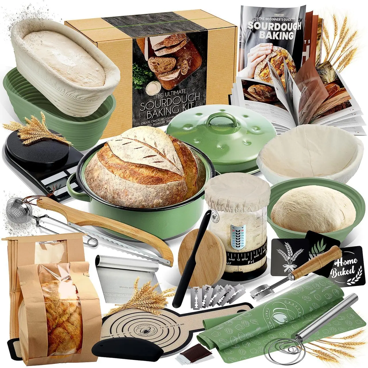 -Inclusive  Sourdough Starter Kit with Pot, 34 Oz Starter Jar, 4 Banneton Bread Proofing Baskets, Scraper, Scale, Sourdough Bread Baking Supplies, Detailed Beginner Guide & Recipes