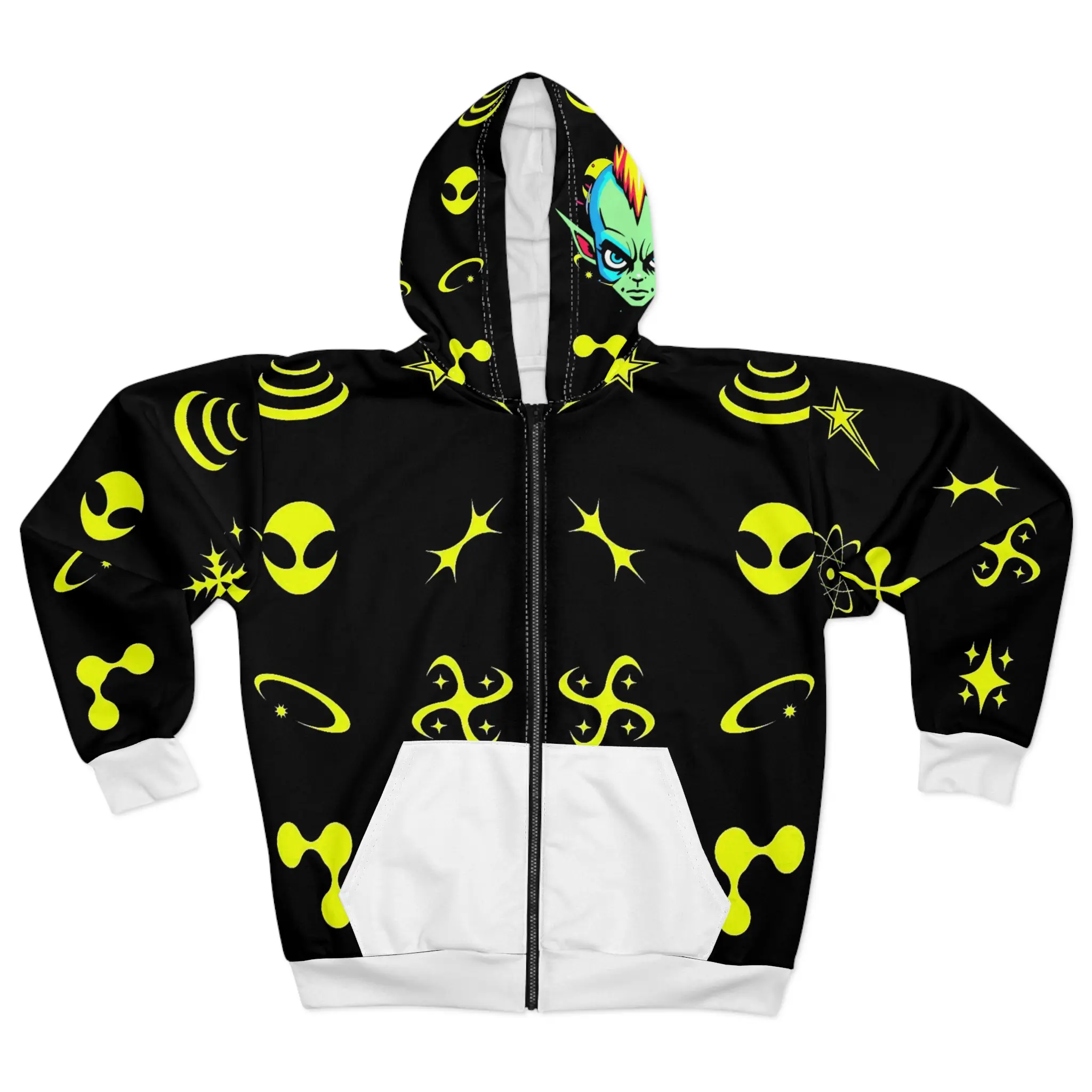 Alien Vibe Unisex Zip Hoodie, Cosmic Fashion, Graphic Hoodie, Gift for Sci-Fi Lovers, Edgy Streetwear, Outer Space Apparel