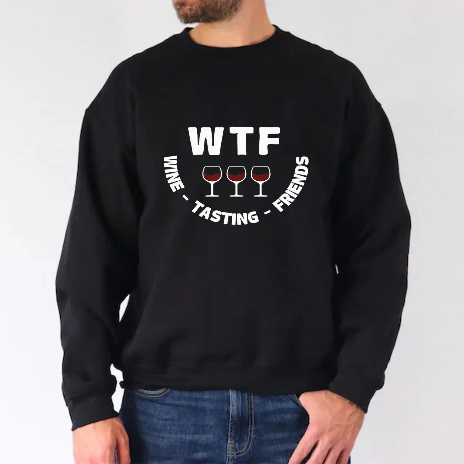 Men's Sports Sweatshirt WTF Wine Tasting Friends Funny Long Sleeve Crewneck Graphic Pullover Top Drinking Casual Athletic Apparel