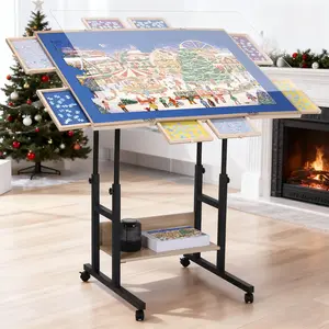 FUNTOK 2000 Piece Puzzle Table with Wheels for Adults, Folding Wooden Puzzle Board Tables with Drawers, 360° Rotation, Adjustable Height, 5-Tilting-Angle, Transparent Cover, Non-Slip Felt Surface