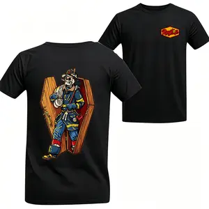 180g[100%cotton][Graphic T-Shirt] 100% Cotton - Firefighter Skeleton Coffin Scene T-Shirt, 2-Sided Dark Firefighter Graphic Tee, Tactical Streetwear Cotton Shirt for First Responders, Shirts for men