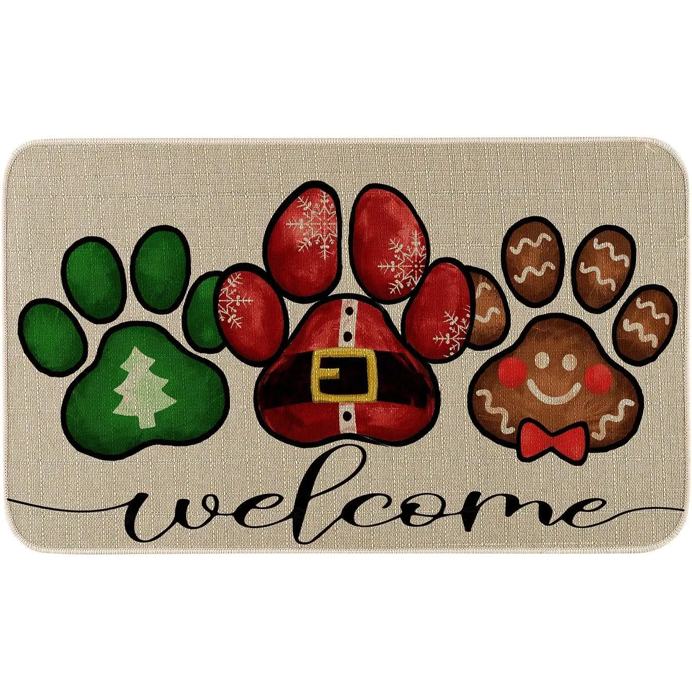 Welcome Dog Paw Santa Belt Christmas Door Mat 20x32 Inch, Xmas Seasonal Winter Holiday Low-Profile Rug Christmas Doormat for Indoor Outdoor