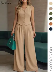 Women's Solid Color Loose Tank Top & Wide Leg Pants Set, Casual Minimalist Sleeveless V Neck Top & Trousers for Daily Wear, Ladies Clothes for All Seasons, Office Siren Outfits