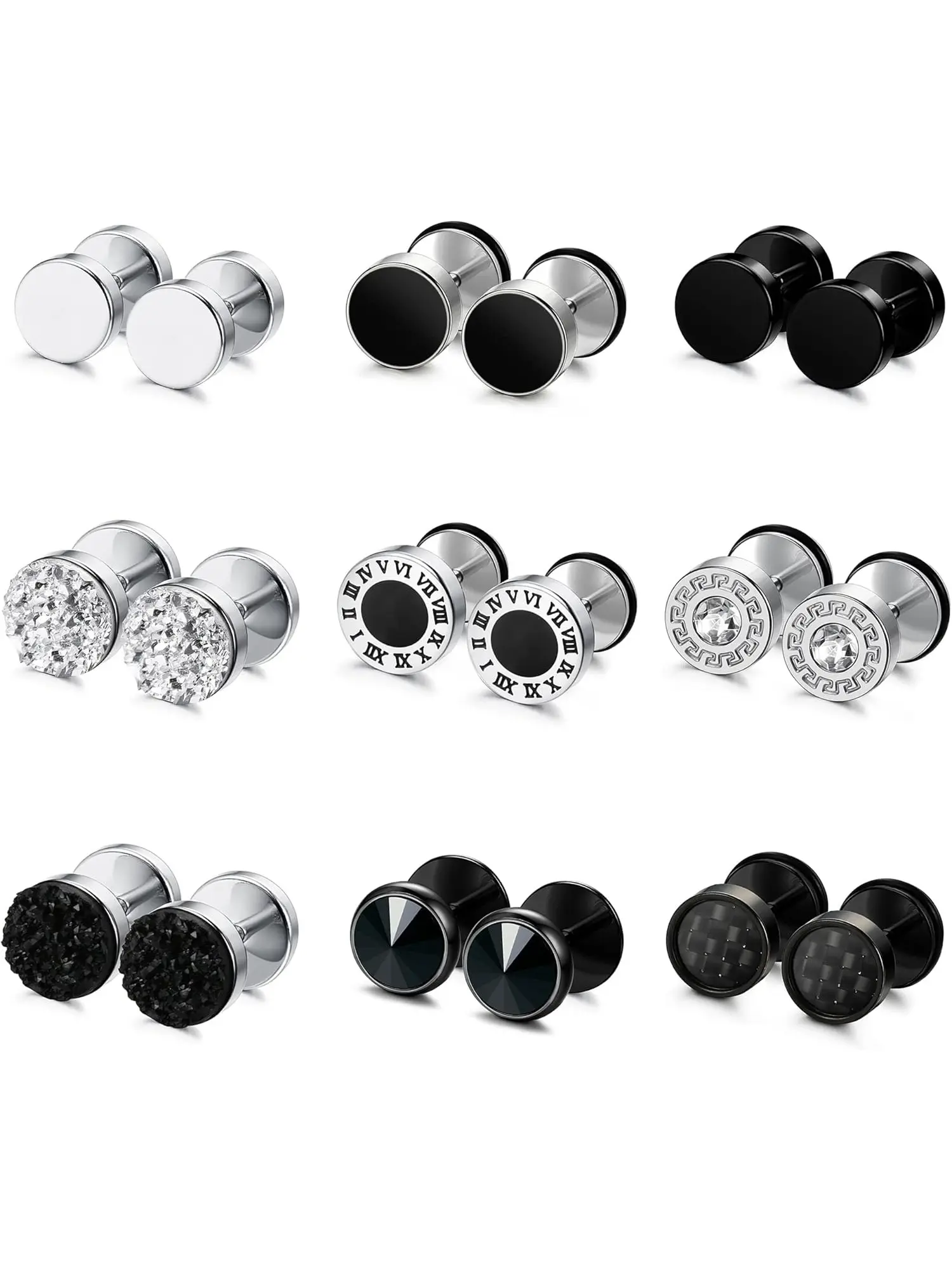 Cool 9 Pairs Black Silvery Fake Gauge Earrings Trendy Styling Stainless Steel Stud Earrings for Men Women Round Cheater Plug Earring Faux Gauges Ear Tunnel Mens Earrings
