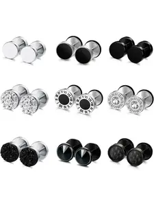 Diverse 9 Pairs Black Silvery Stud Earrings Trendy Stainless Steel Stud Earrings for Men Women Round Cheater Plug Earring Faux Gauges Ear Tunnel Earrings